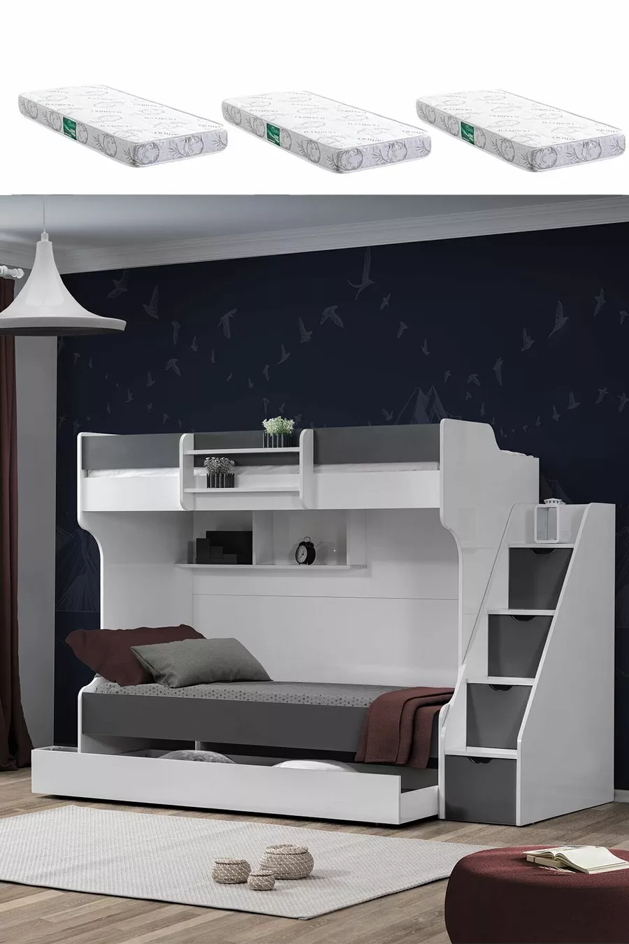 Lits superposés, Lit superposé Kardem avec tiroirs - Anthracite 3 matelas confort