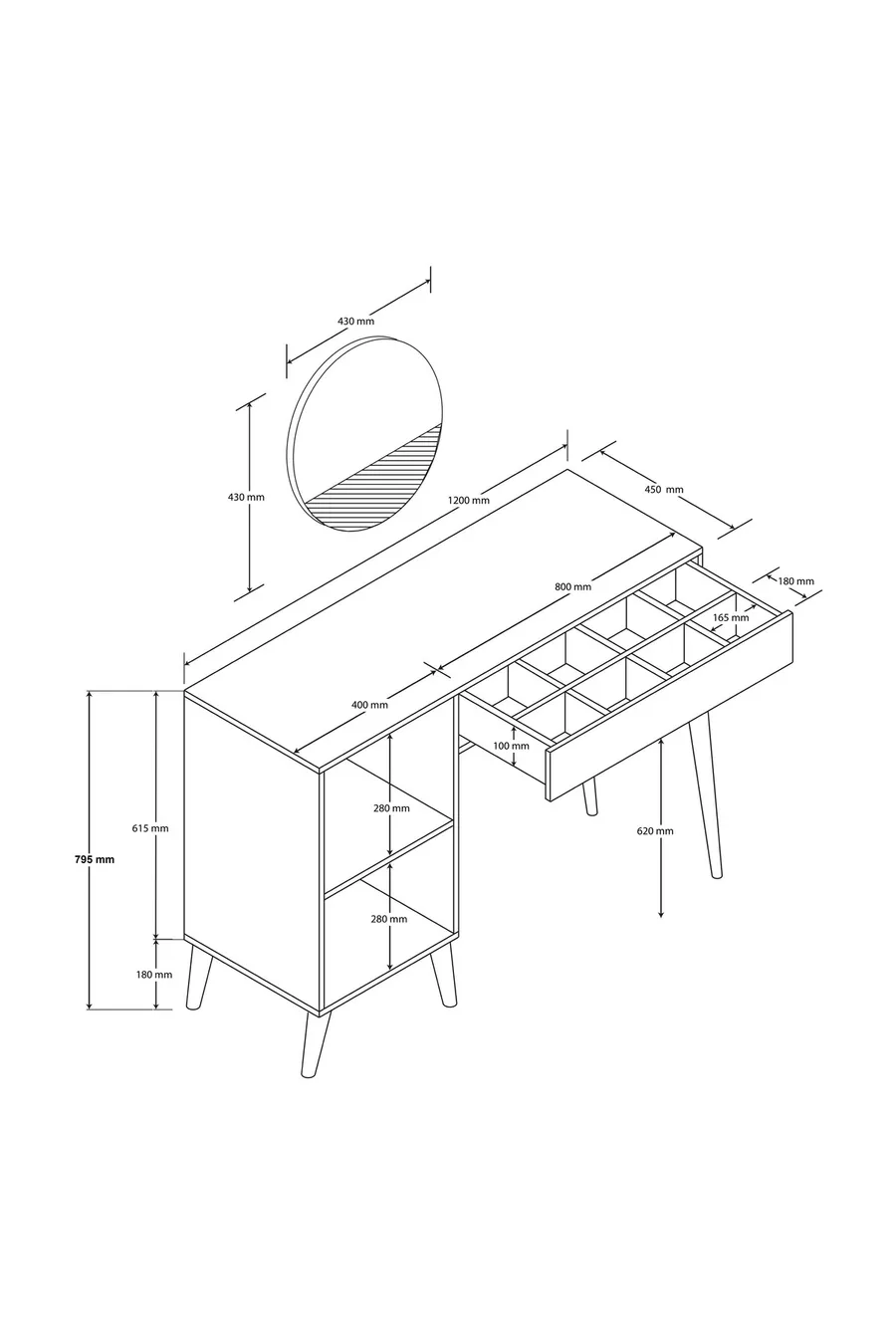 LOVE MIROIR (SUR PIED EN BOIS) TABLE DE MAQUILLAGE AVEC TIROIRS - AVEC PORTES EN MDF BLANC CM