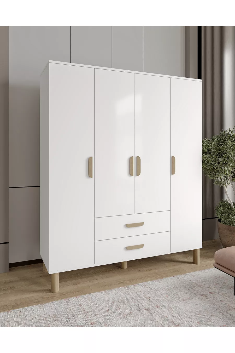 Armoire Güneş blanche en MDF avec 4 portes et 2 tiroirs