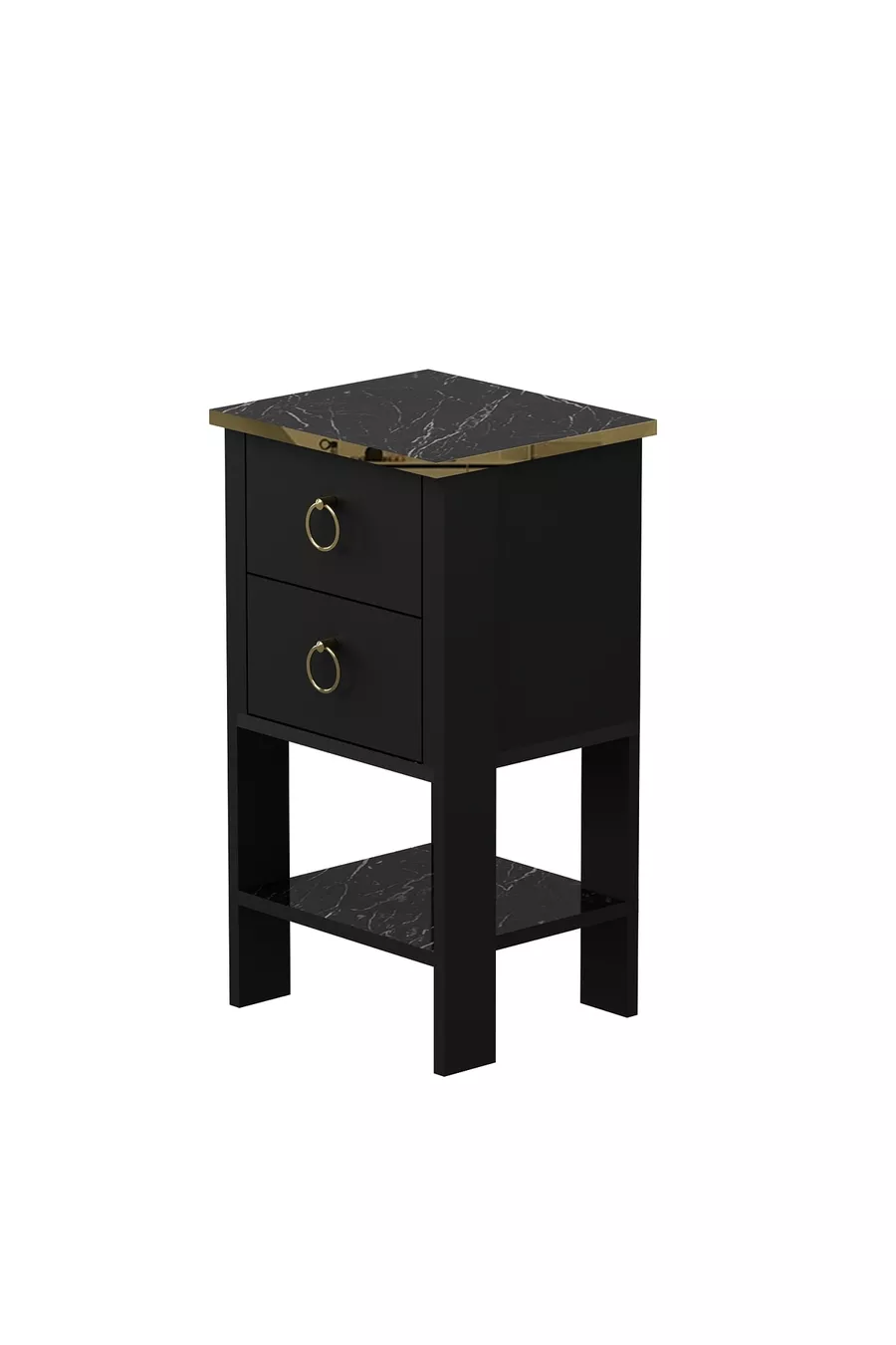 Table de chevet Cevheri 2 tiroirs - Noir / Marbre Royal
