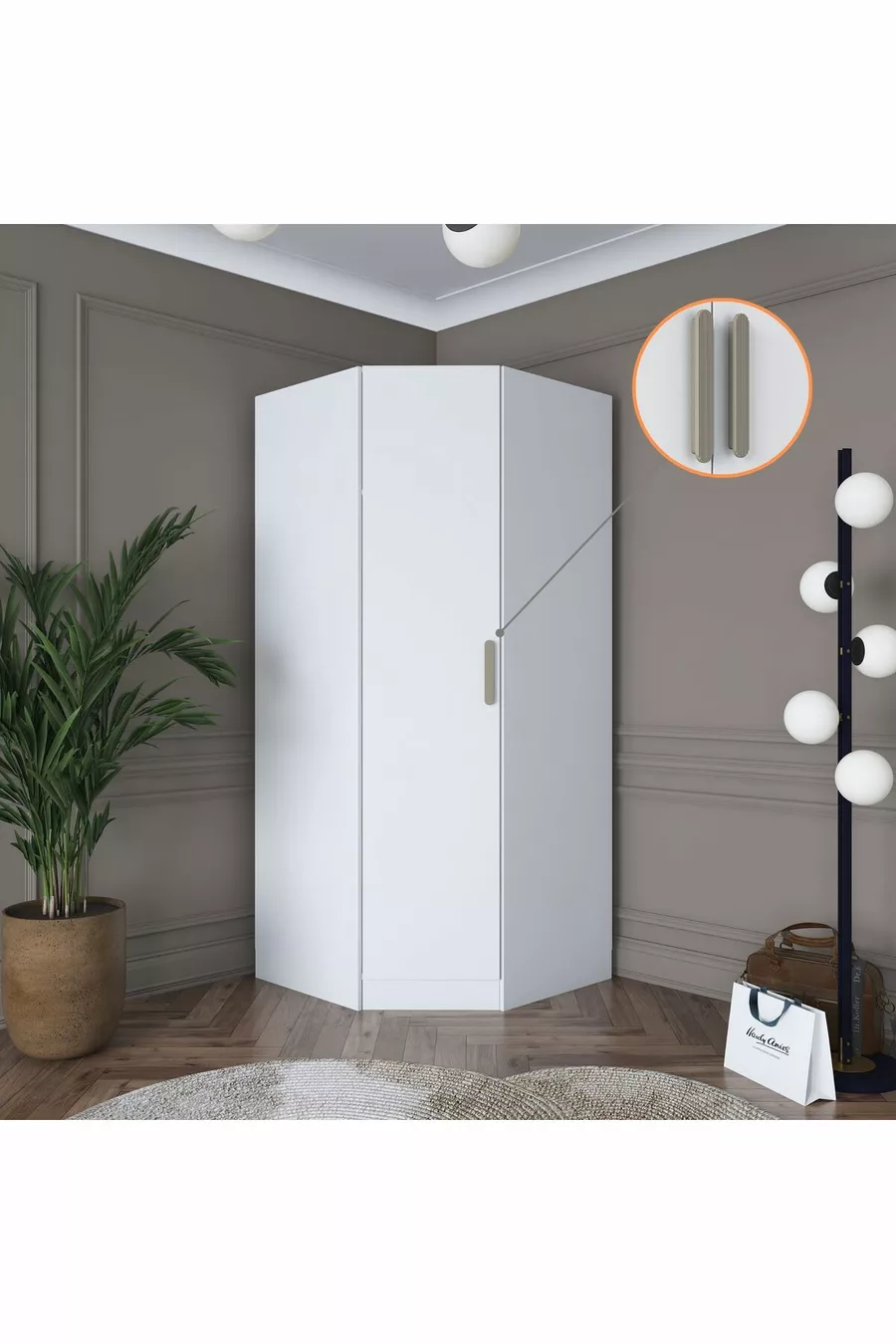 Rani  Module d'Angle Armoire 1 Porte avec 6 Étagères et Penderie Unité d'Angle Complémentaire Blanche