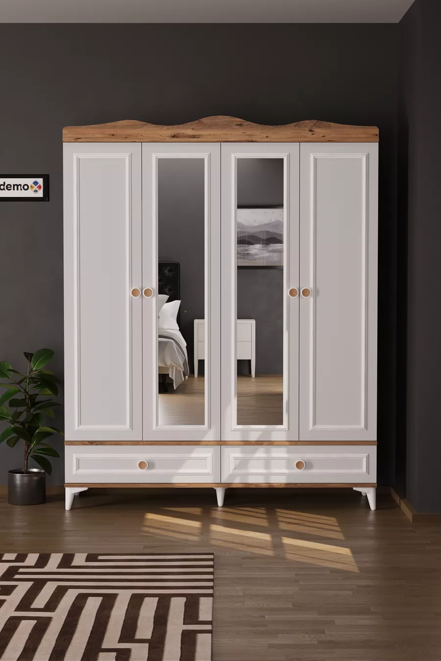 Armoire à miroir Nova 4 portes avec 2 tiroirs, pin Atlantique