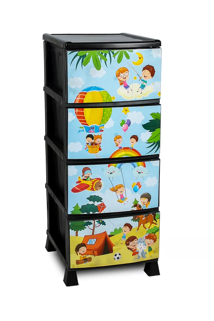 Chevet en plastique à 4 tiroirs avec motif enfant imprimé - pour jouets - panier à jouets
