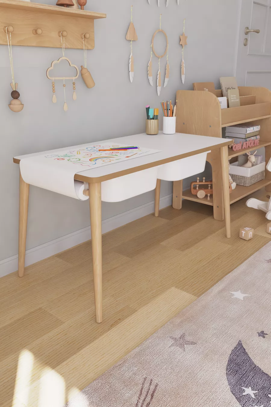 Table d'activité pour enfants avec rouleau de papier à dessin, 1 chaise et tiroir - Panda