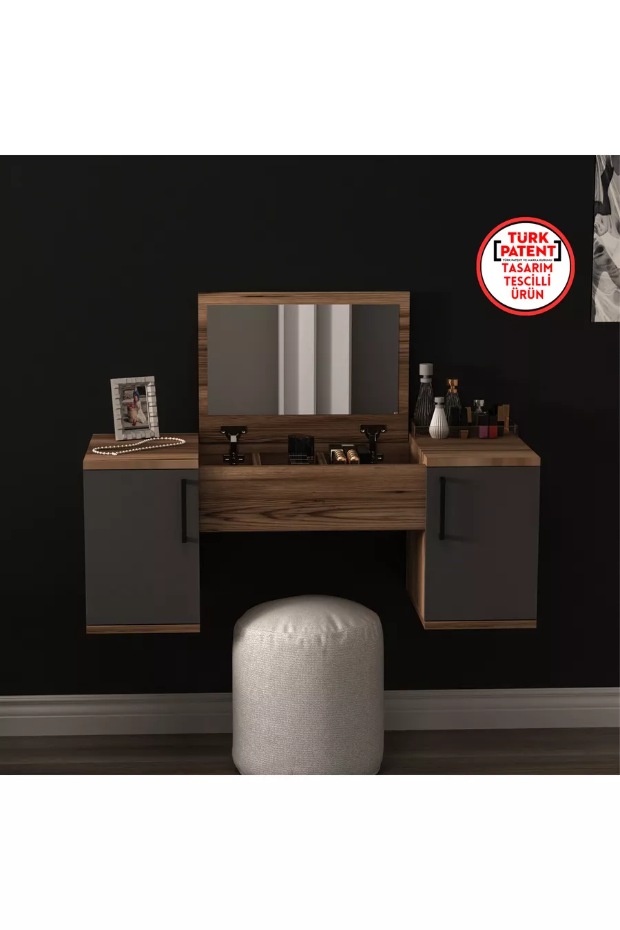 Coiffeuse Murale Mercan, ne Prend Pas de Place, Couleur Lidya Anthracite