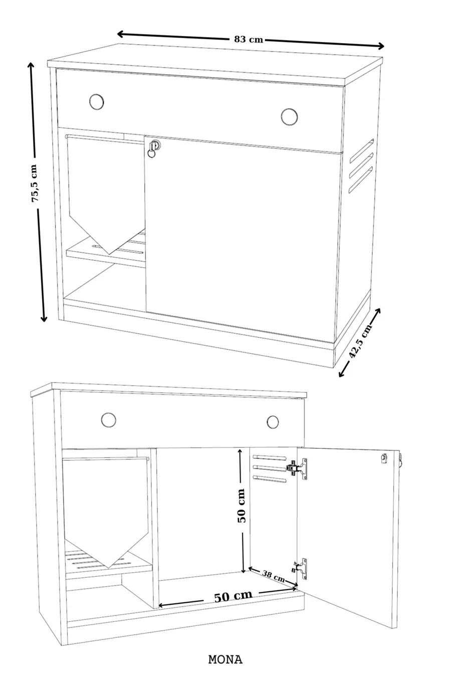 Litière pour chat en bois MONA avec tiroir - couvercle verrouillable - tissu d'entrée inclus - bac à litière non inclus - BLANC