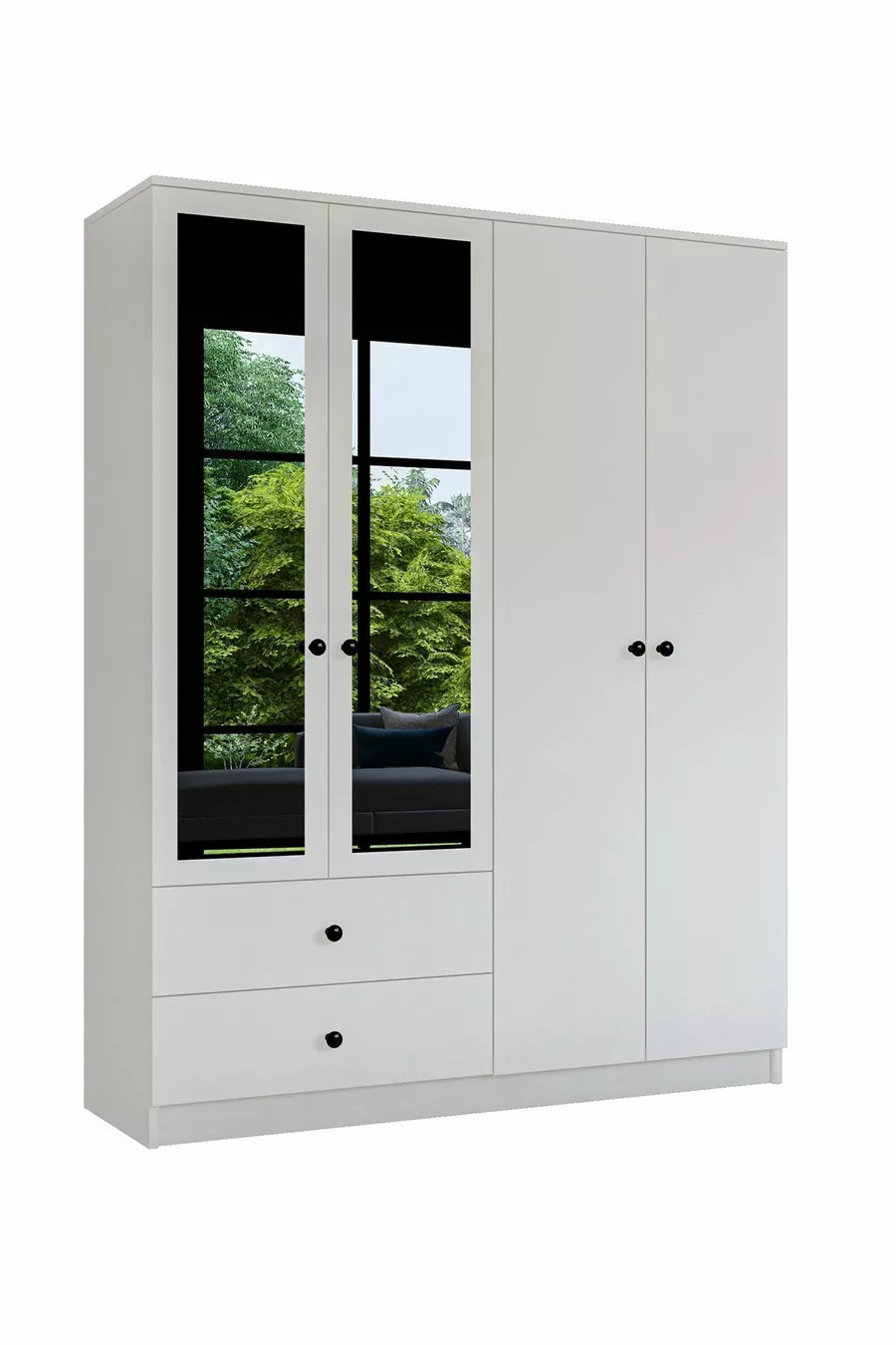 Armoire 4 portes 2 tiroirs GM  Novado avec poignées boutons et miroir