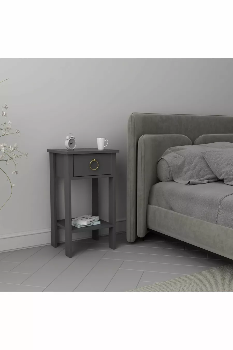 Table de chevet Mandosi Mobilier à un tiroir avec poignée anthracite et dorée