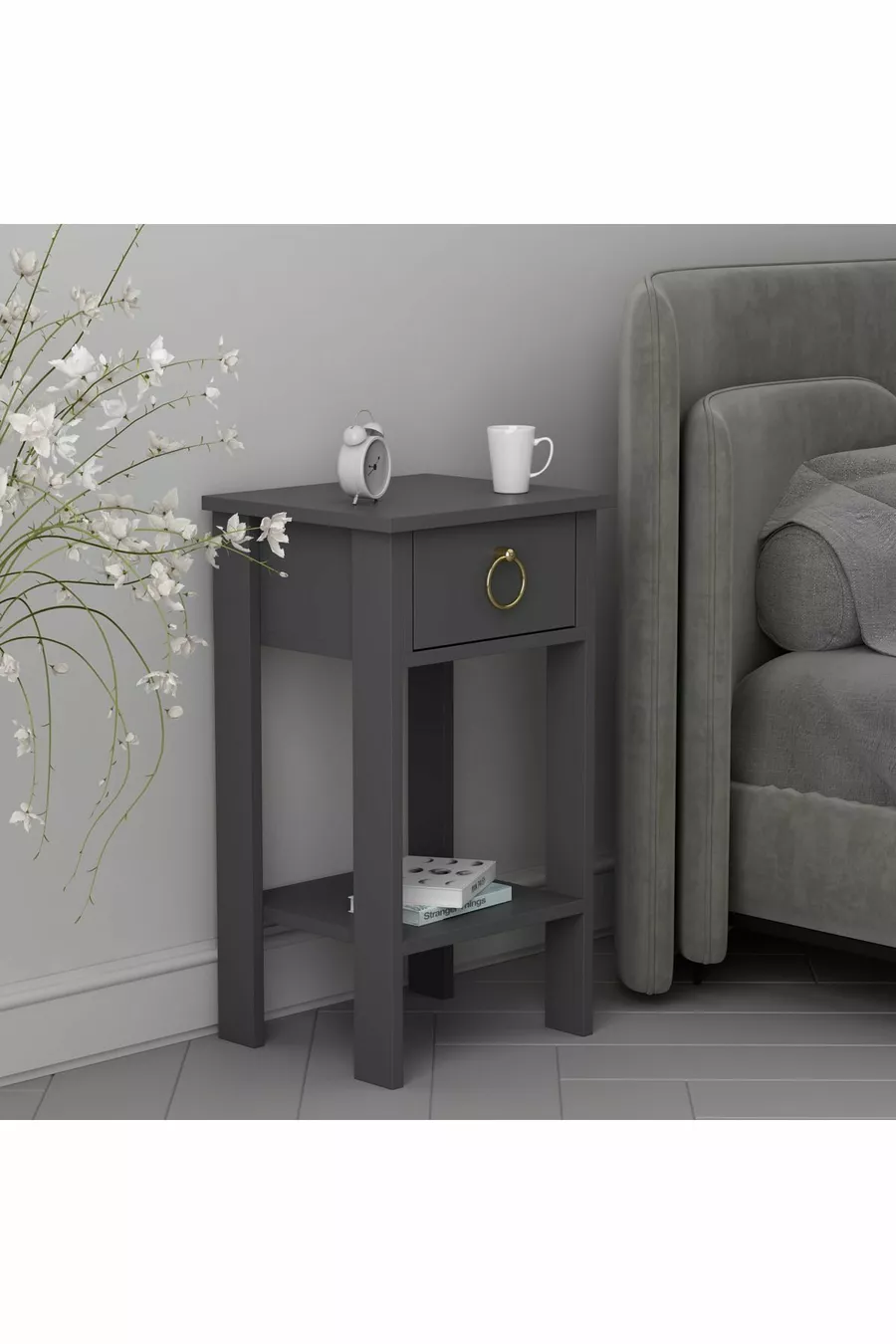 Table de chevet Mandosi Mobilier à un tiroir avec poignée anthracite et dorée