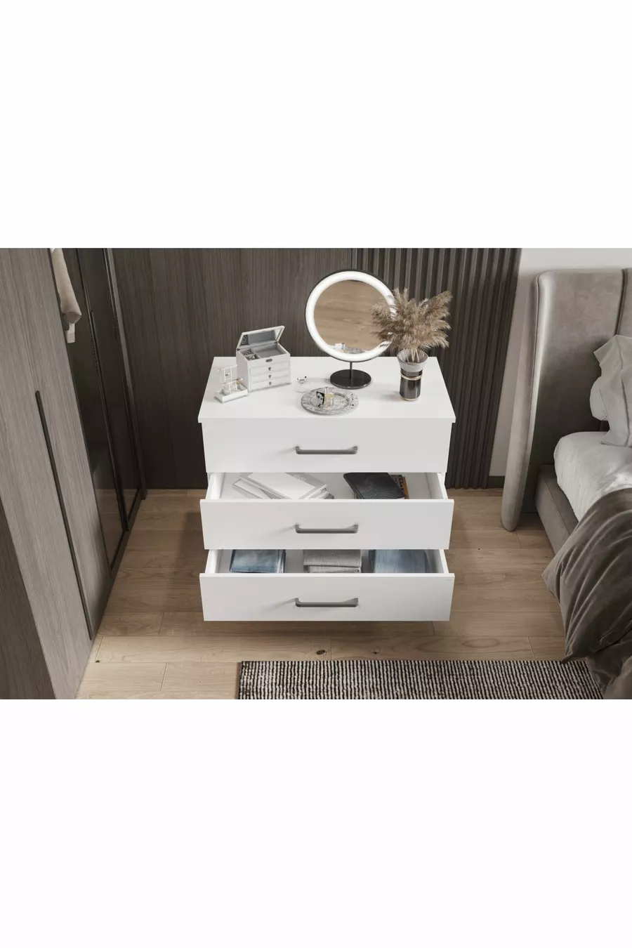 Commode à trois tiroirs avec miroir (BLANC BRILLANT)