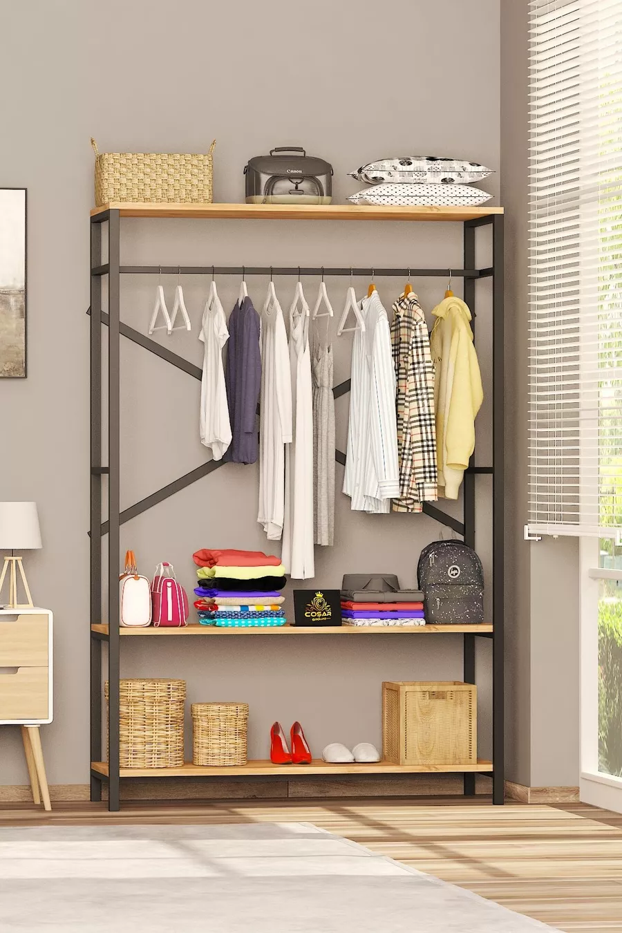 Alkor  Armoire Vestiaire Ouverte en Panneau de Particules Métal avec Motif Bois Massif Porte-Manteaux