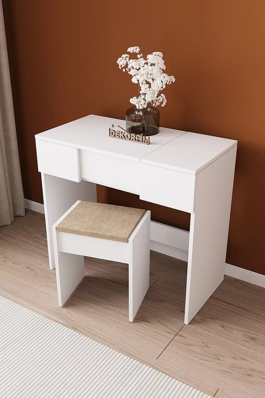 Coiffeuse avec miroir, pouf et tiroirs B Anka, blanc, avec organisateur pour chambre à coucher et siège