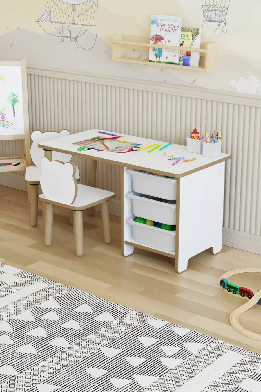 Ensemble table et chaises pour enfants - Table de travail et d'activités avec 3 paniers - Surface effaçable à sec - 2 chaises Panda