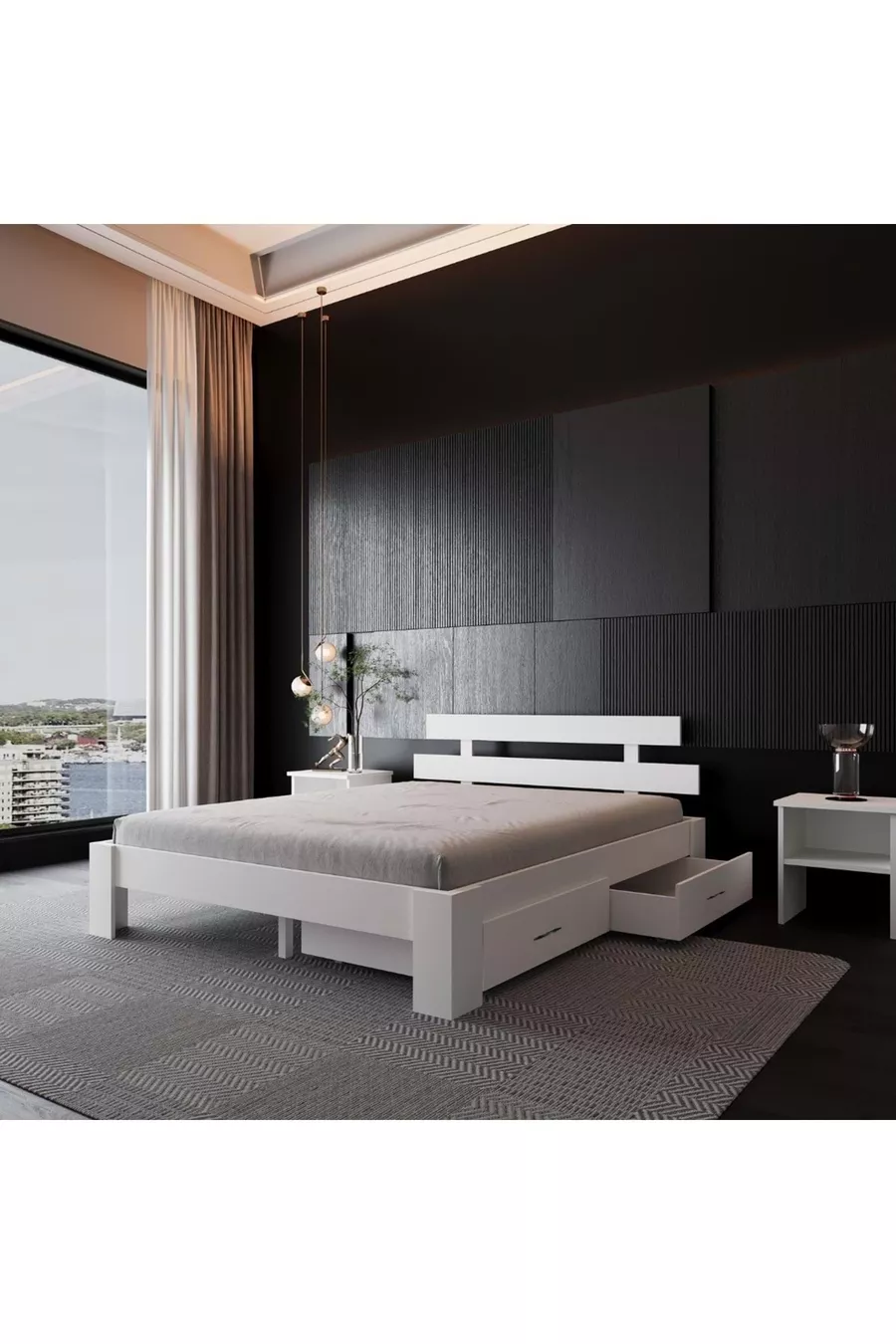 Lit Lotus en MDF avec 2 tiroirs | Compatible avec un matelas double, facile à monter