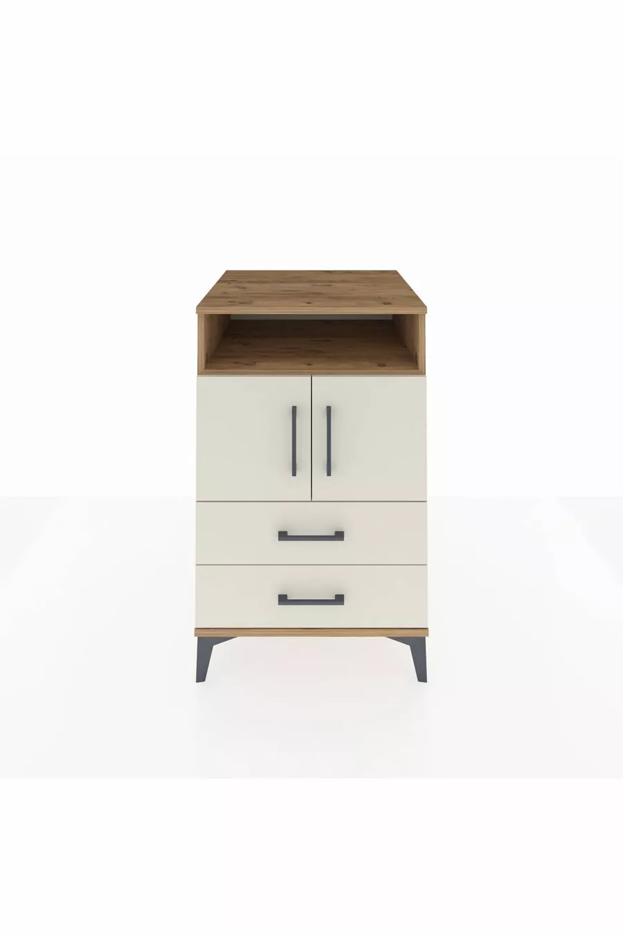 Table de chevet Kronos avec 2 étagères, 2 tiroirs et 2 portes, pin-gris