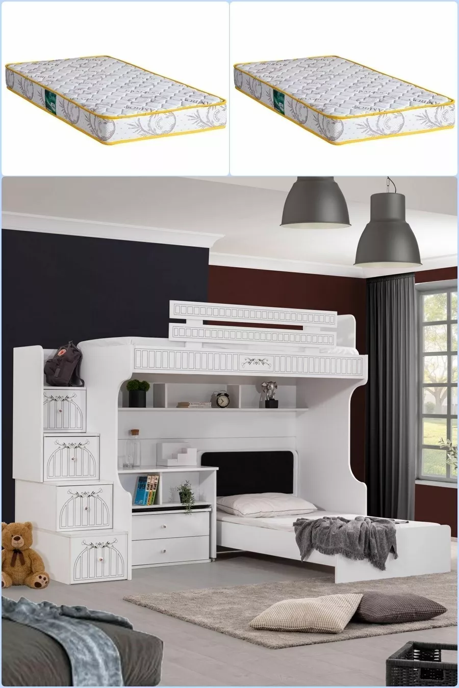 Lit superposé, lit superposé avec bureau intégré à Londres, 2 matelas Comfort