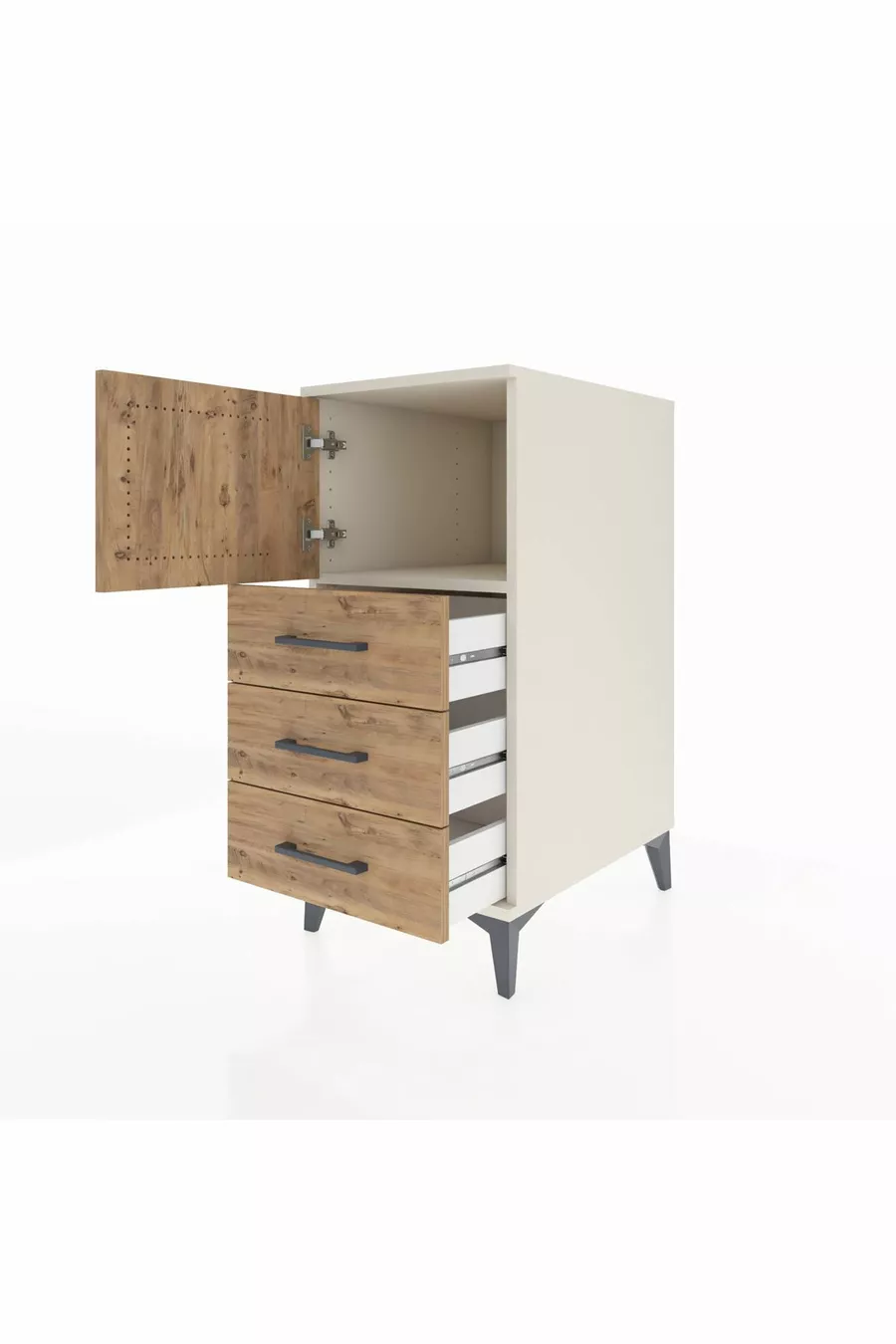 Kronos Table de chevet avec une étagère, 3 tiroirs et une porte, Pierre de lune-Pin