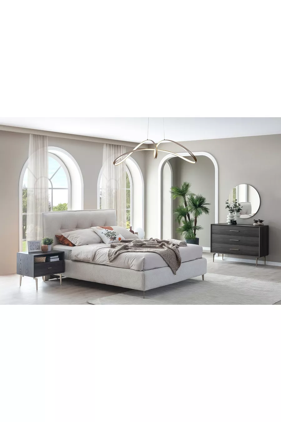ENSEMBLE DE CHAMBRE PANDOR NOX AVEC PORTES EN VERRE, NOYER FONCÉ, 5 PORTES