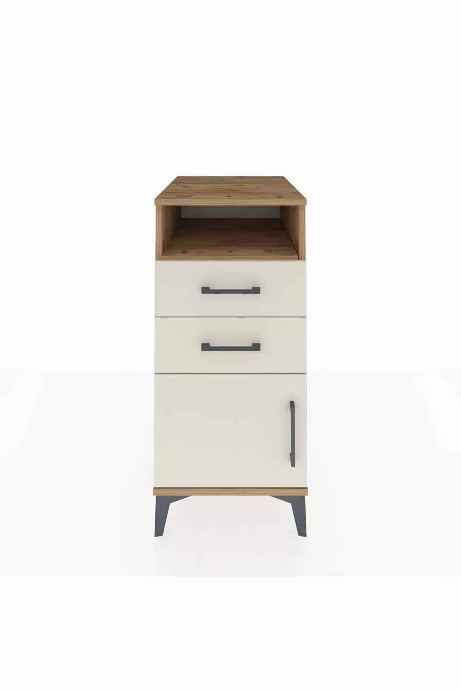 Table de chevet Kronos avec une étagère, 2 tiroirs et une porte, pin-gris