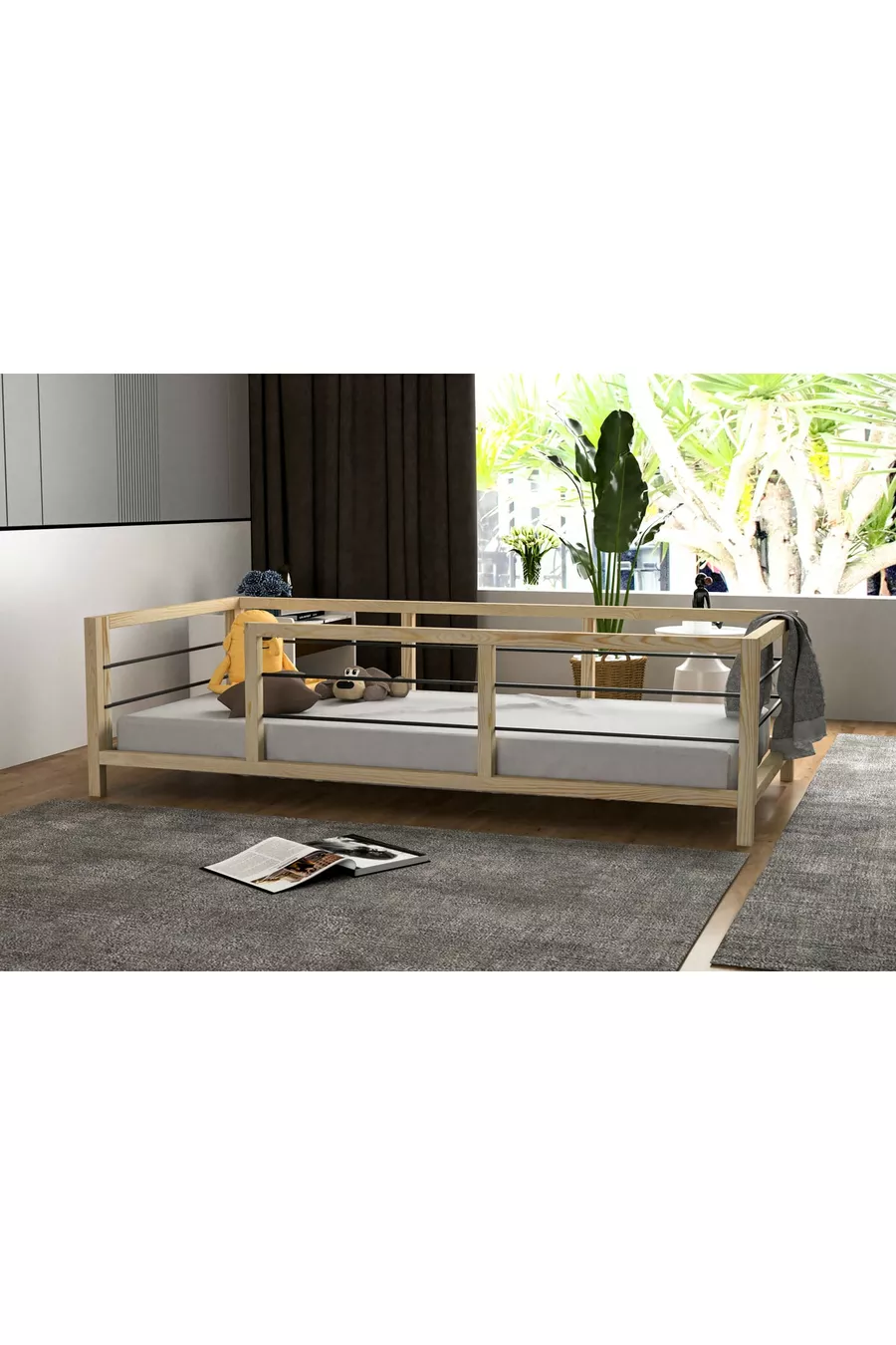 Lit pour bébés et enfants en bois naturel avec protection métallique sur les bords Yap-sa Home Aksa-montessori