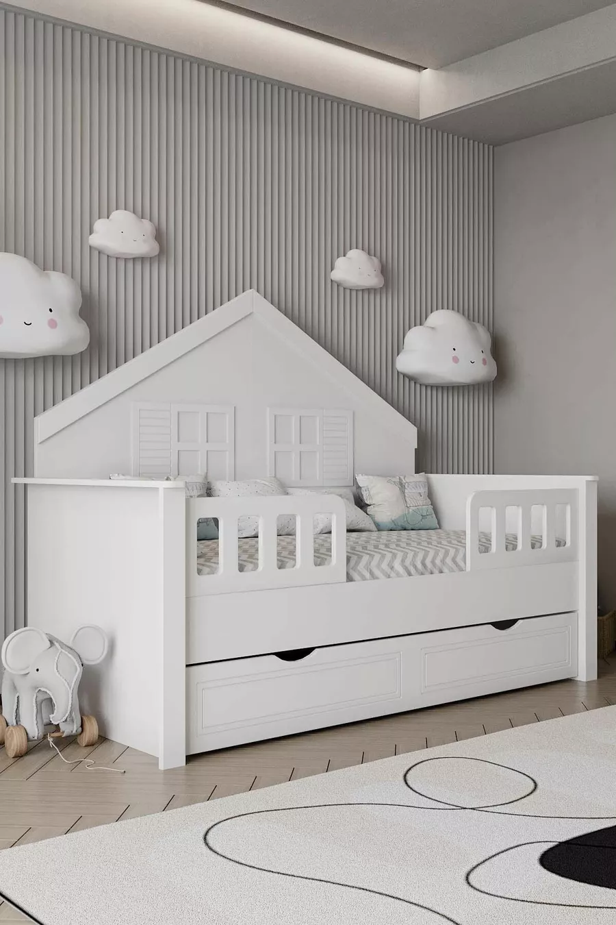 % Lit Montessori pour enfants en MDF avec tiroirs, blanc