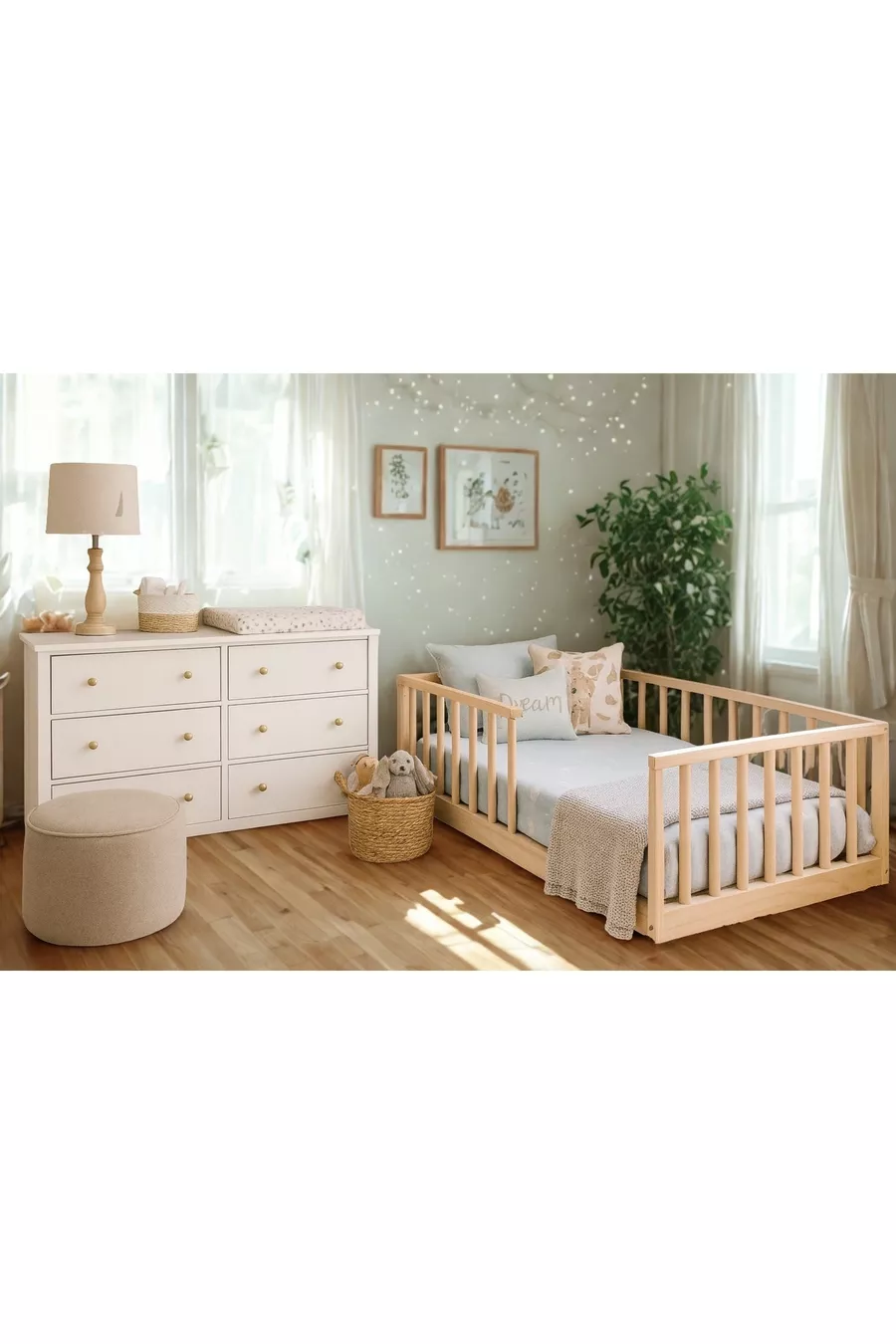 Lit d'enfant en bois massif naturel avec lattes arrondies, cm x cm, bois naturel