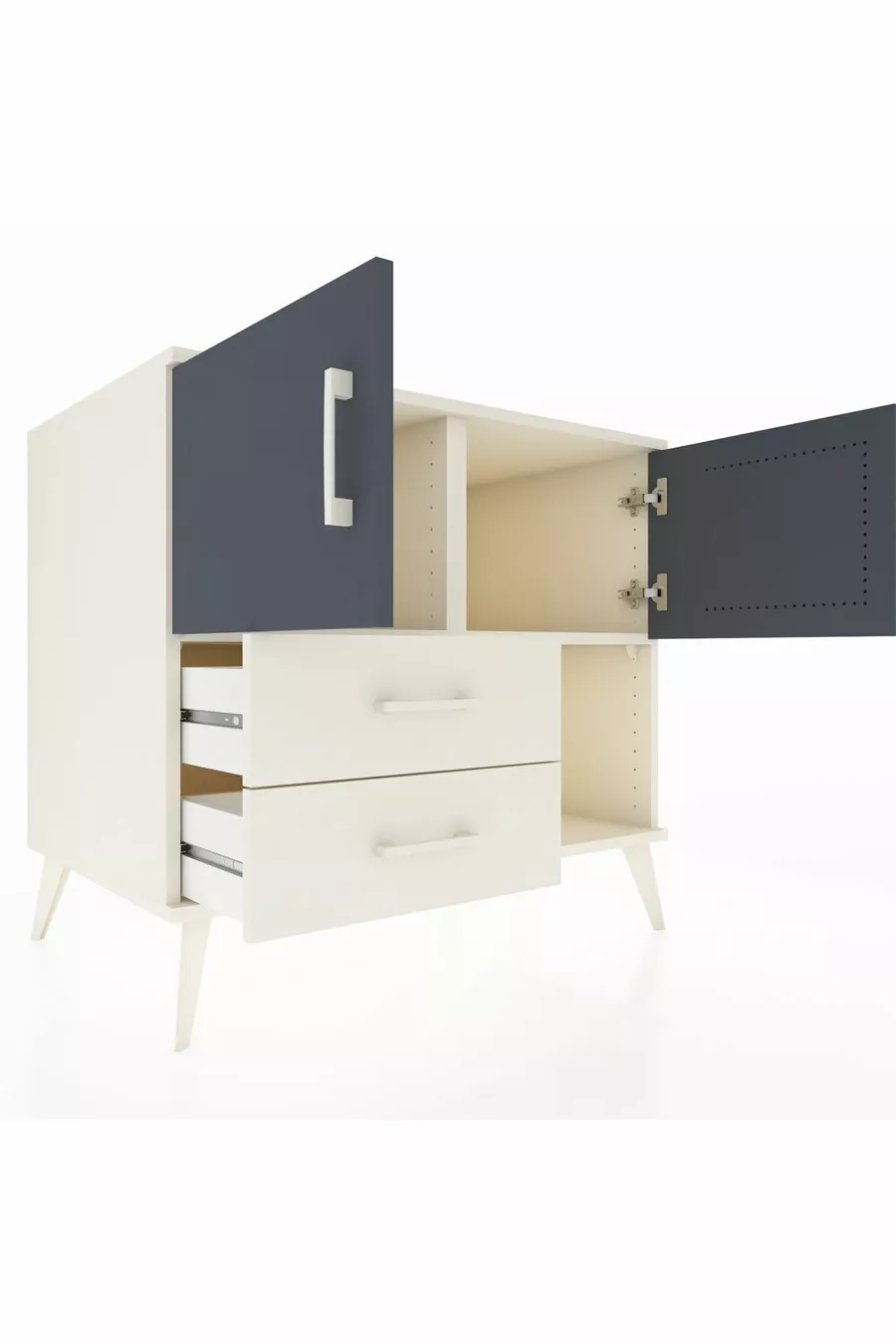 Commode Kronos avec 2 étagères, 2 tiroirs et 2 portes, Albâtre-Anthracite/Albâtre