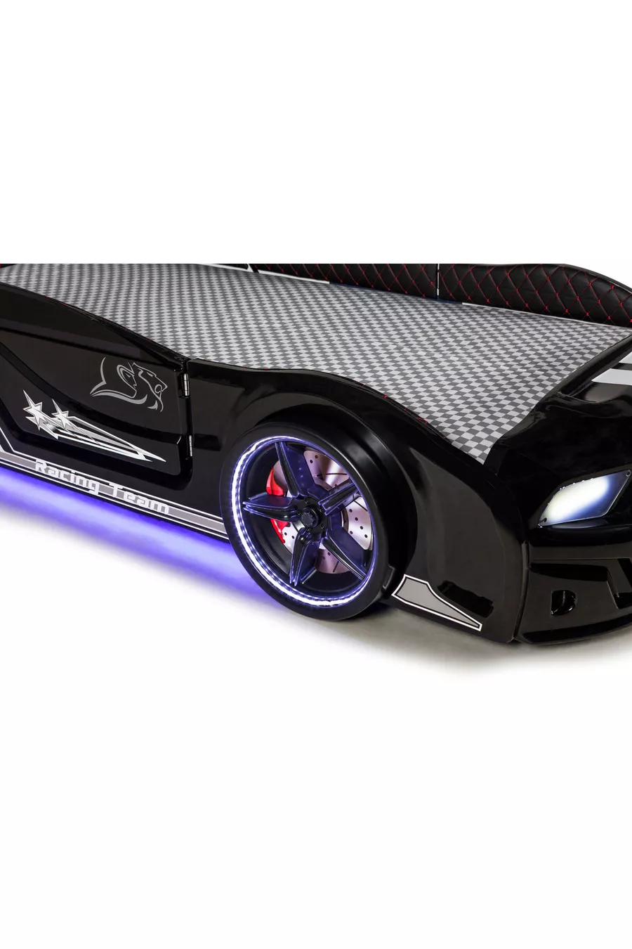 Portes de lit à roulettes noires Mustang avec ouverture, entièrement équipées de LED, télécommandées et avec musique