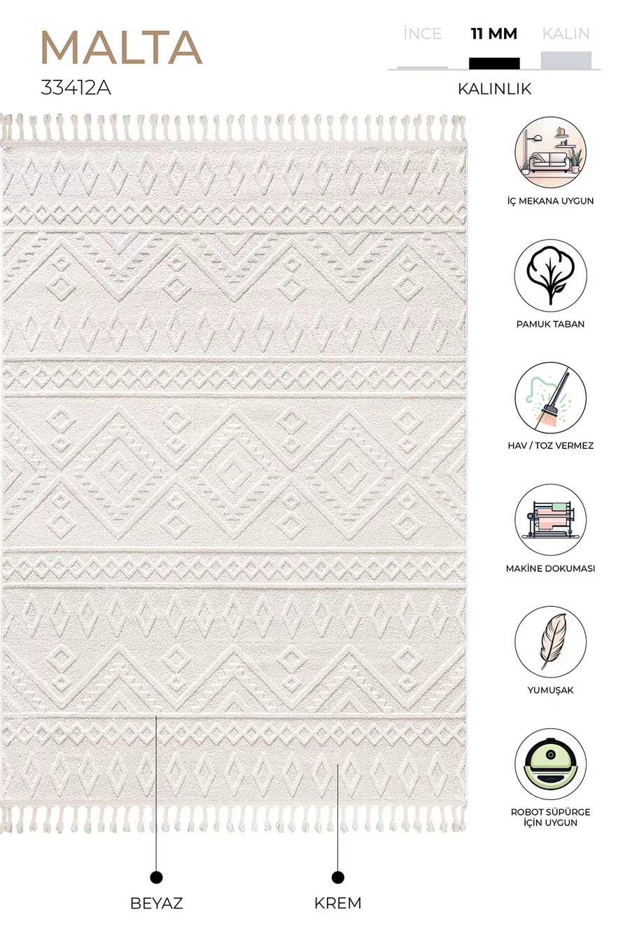 Tapis Malta Scandinave Crème pour Couloir Salon Séjour Chambre Cuisine Tapis Tissé à la Machine A