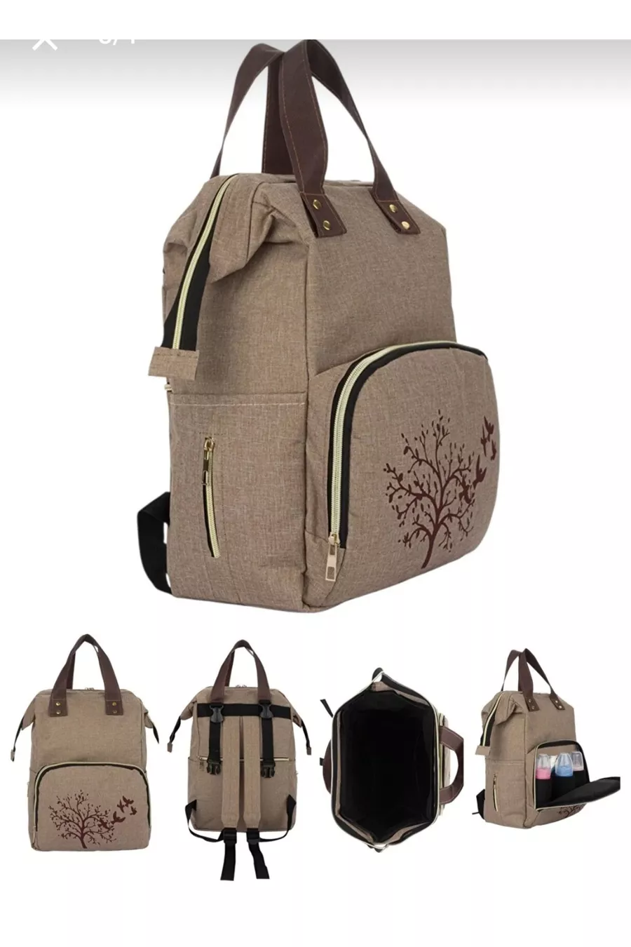 Ensemble de 2 pièces de luxe beige et bois Sac à dos pour soins mère-bébé et sac à main et sac à épaule pour mère-bébé