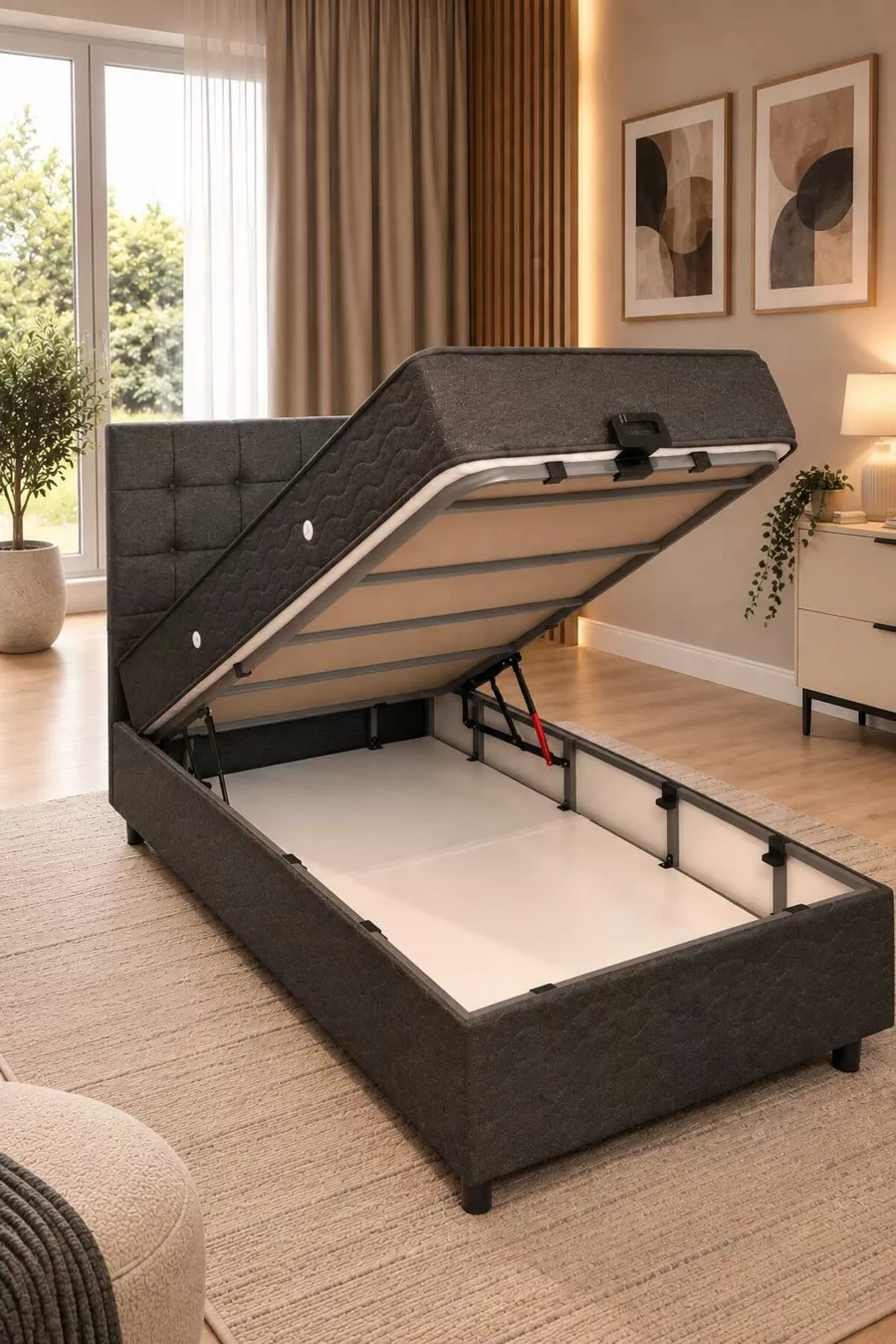 Ensemble de tête de lit et sommier coffre simple Bengü Anthracite 3 pièces Orthopédique Pratique avec grand espace de rangement