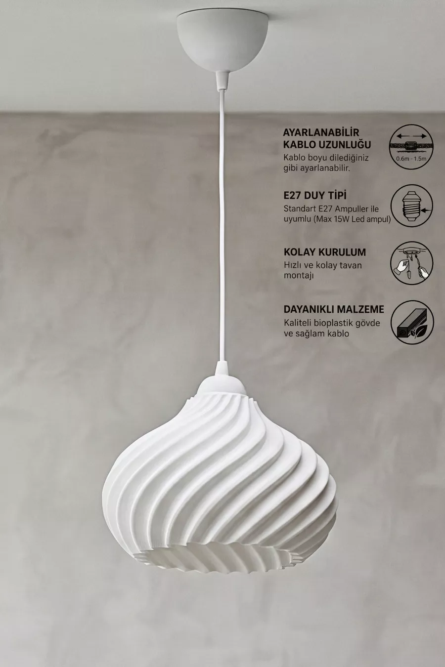 Suspension simple Yummy à motif ondulé blanc, style moderne, cuisine, salon, chambre à coucher (Bioplastique) 