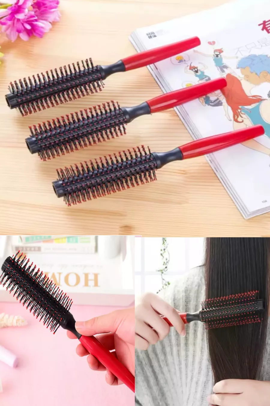 Brosse à cheveux ronde avec perles rouges, brosse à souffler fine pour hommes et femmes, brosse de soin capillaire pour salon de beauté