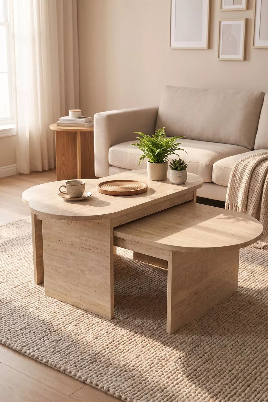 Table basse et table d'appoint ensemble de 2 en travertin