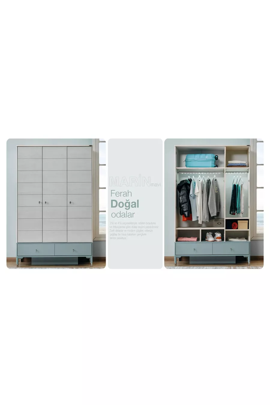 Chambre Marine pour Jeune (Armoire 3 Portes, Lit, Bureau)