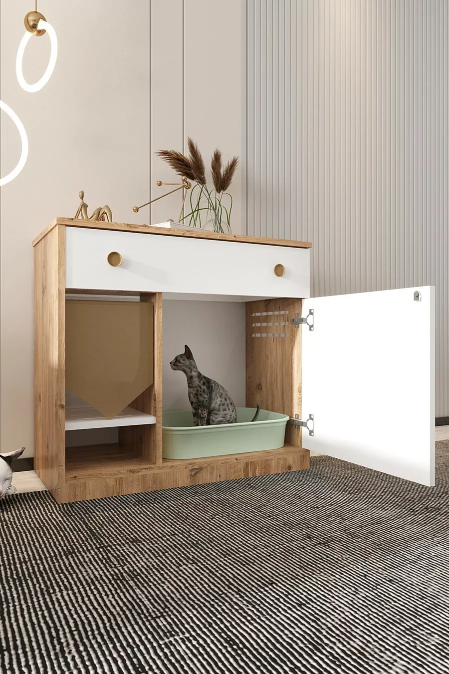 Litière pour chat en bois MONA avec tiroir - couvercle verrouillable - tissu d'entrée inclus - bac à litière non inclus - A.ÇAM-BYZ