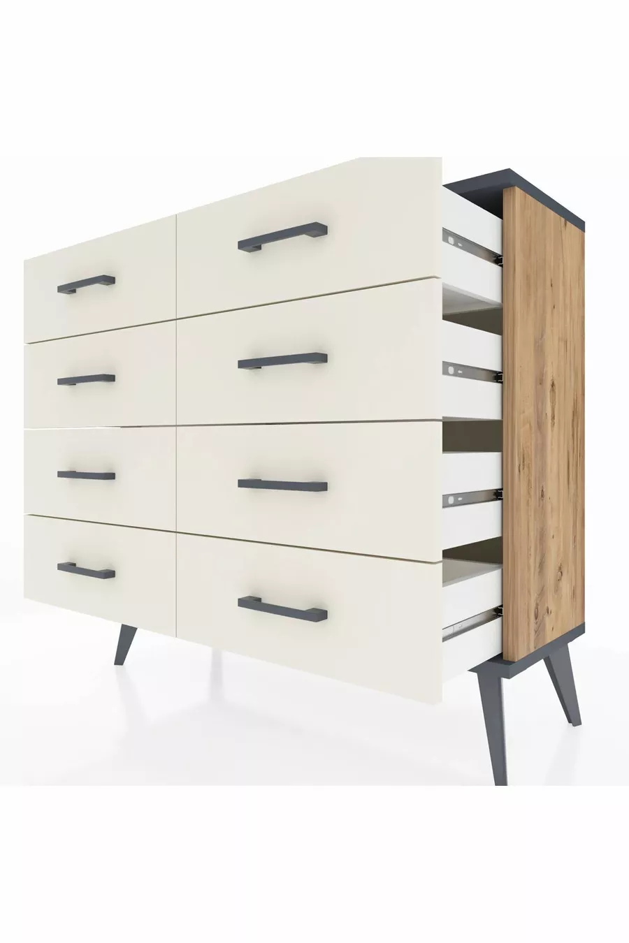 Commode Arges 8 tiroirs Pin-Anthracite/Gris pierre