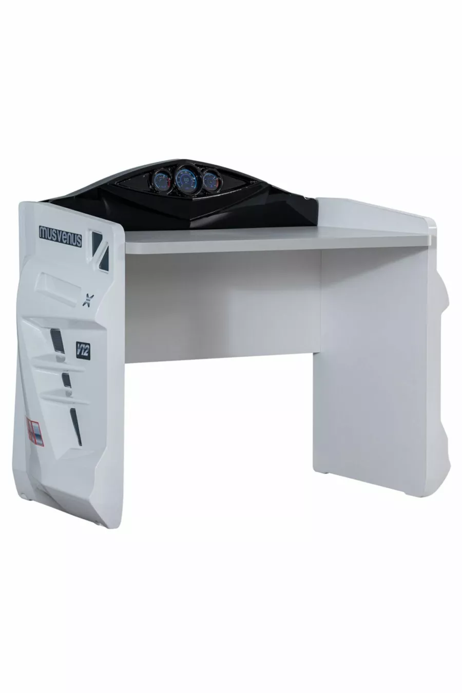 Chambre d'enfant - Lit avec voiture Jaguar et pare-vent, Armoire sportive 3 portes, Bureau - Blanc
