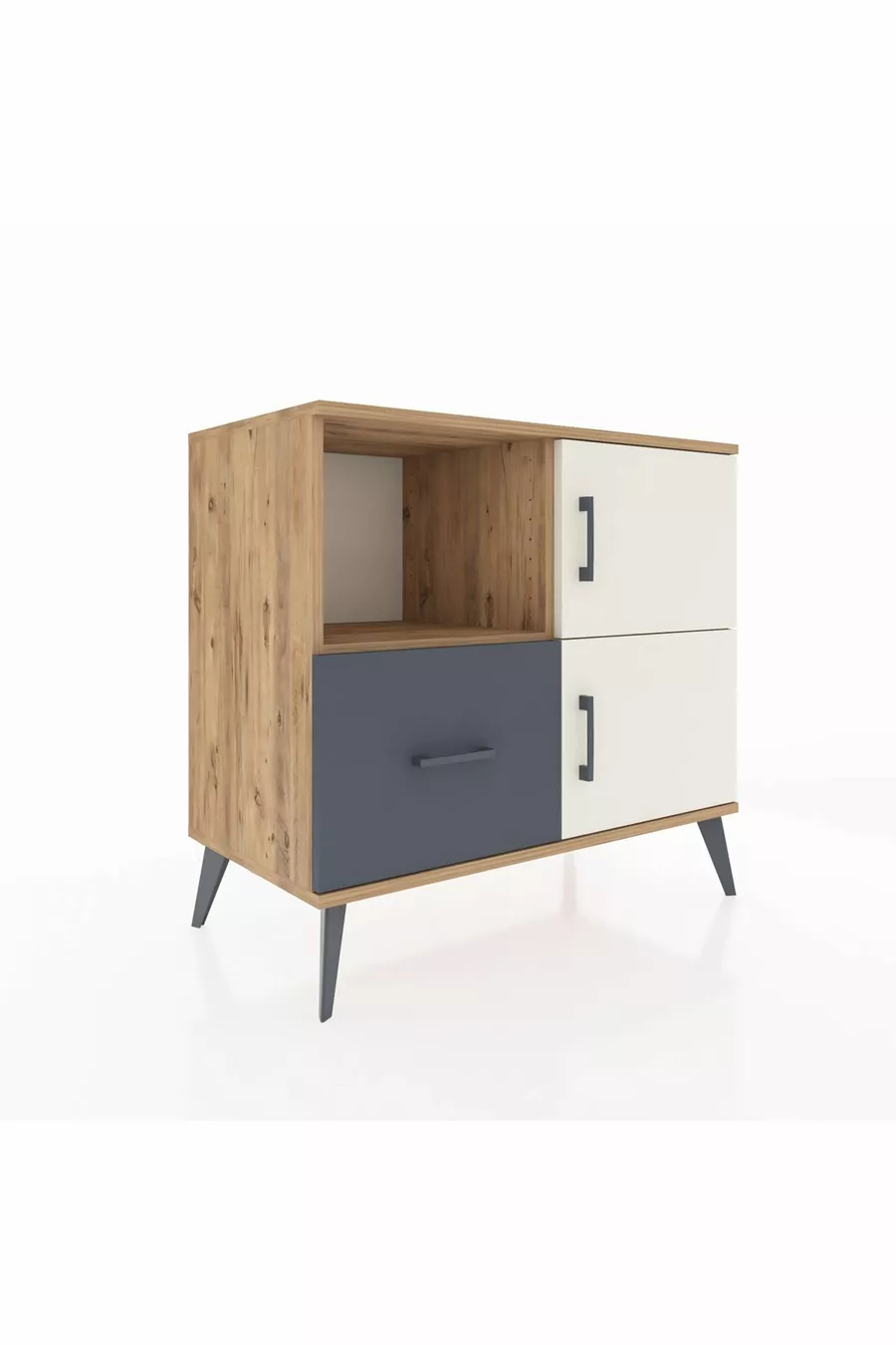 Commode Hyperion avec 2 étagères, 1 tiroir et 2 portes, en pin et gris anthracite