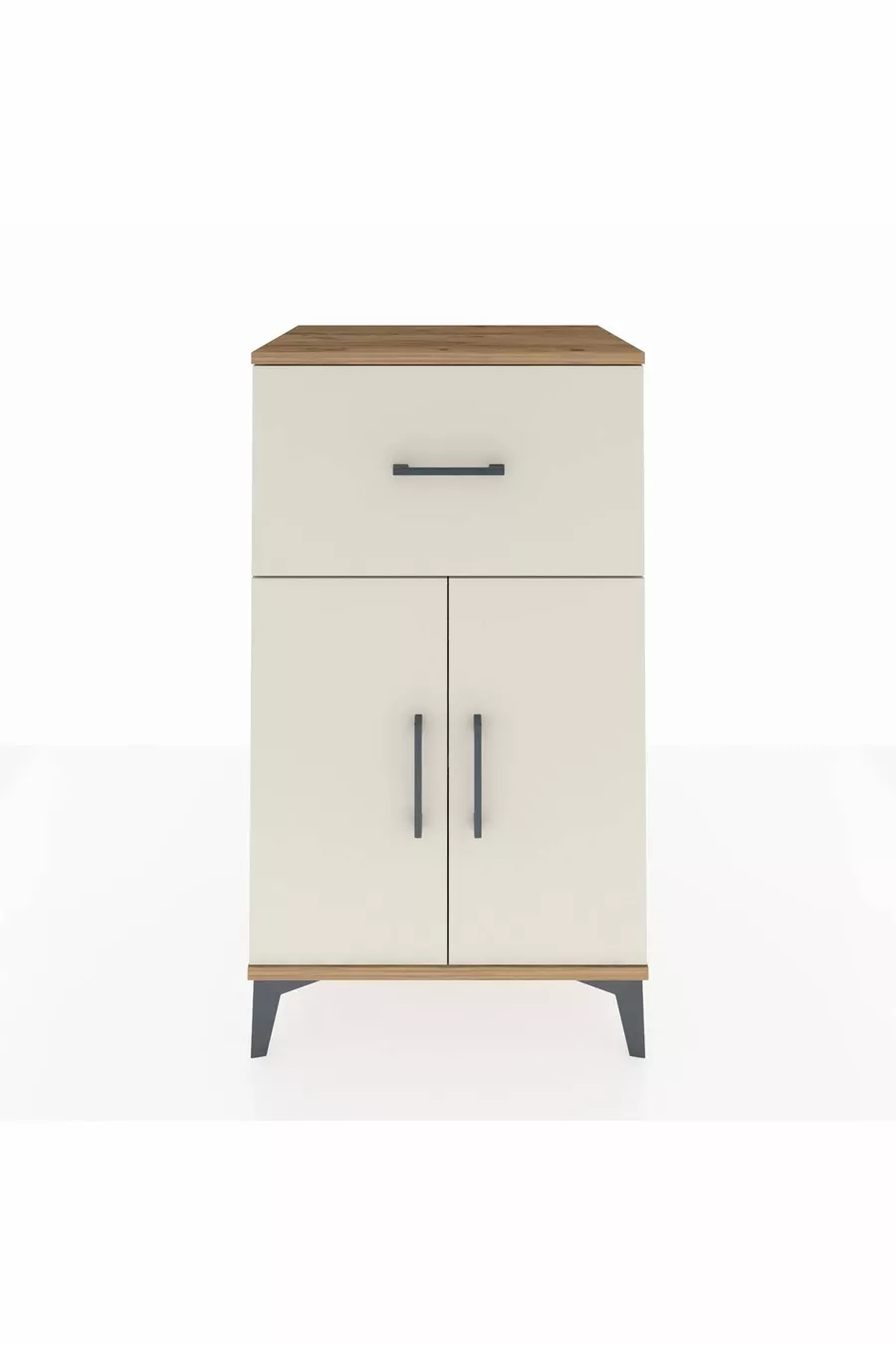 Chevet Hyperion avec une étagère simple, un tiroir et deux portes, en pin et travertin