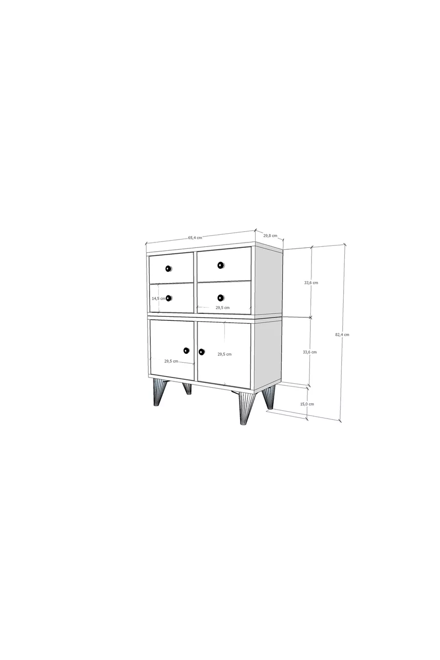 Commode blanche à pieds, deux portes, quatre tiroirs, sans baguette