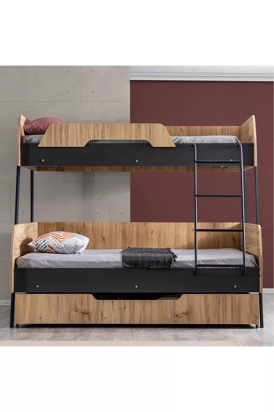 Lit superposé, Lit superposé Alba avec large tiroir, cm - cm - Noyer-Anthracite + 2 matelas confort