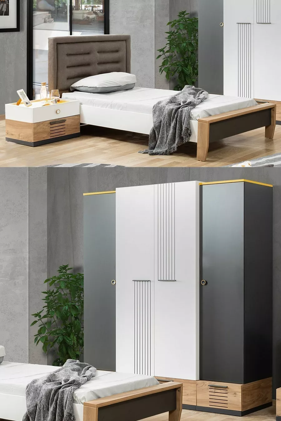 Chambre Jeune Relax - Armoire 4 Portes, Lit, Table de Chevet