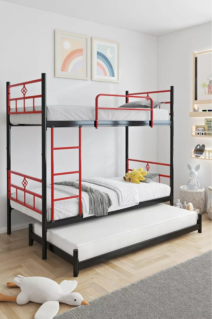 Lit superposé Koza avec tiroirs, compatible avec trois personnes, métal rouge