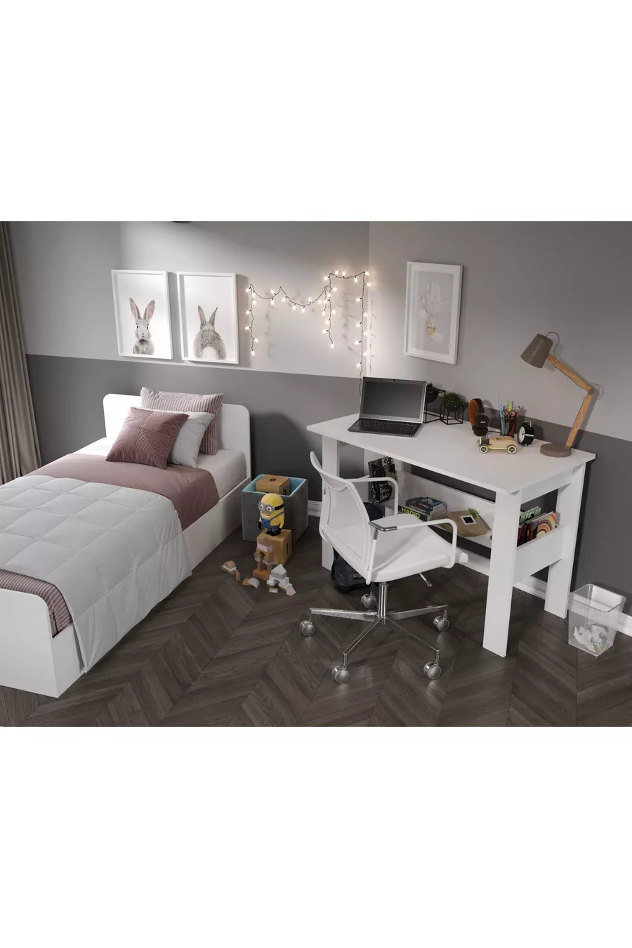 Chambre d'enfant Anemon en MDF pour une personne, 3 pièces - Armoire, bureau, lit en MDF de qualité supérieure