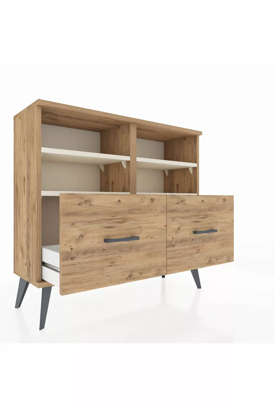 Commode Arges 4 étagères 2 tiroirs Pin-Pierre de Lune/Pin