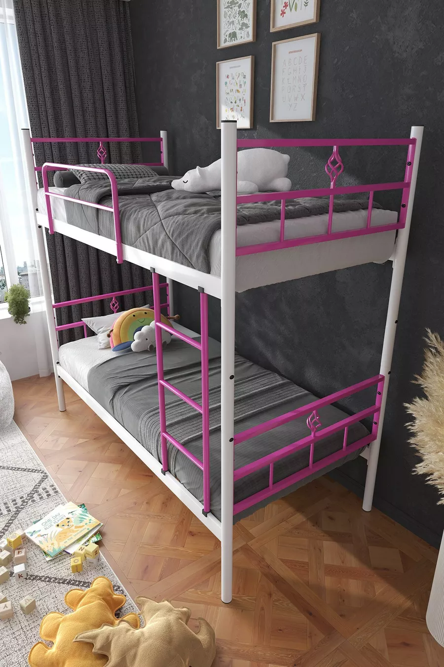 Lit superposé Koza Ranza compatible avec matelas, rose foncé, métal détachable