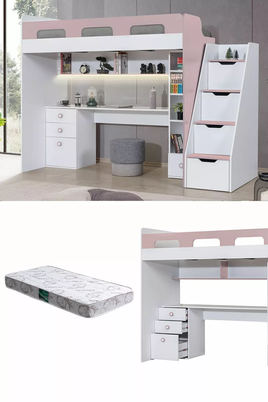 Lits superposés, lit-bureau-bibliothèque Troya - Rose 1 matelas Comfort
