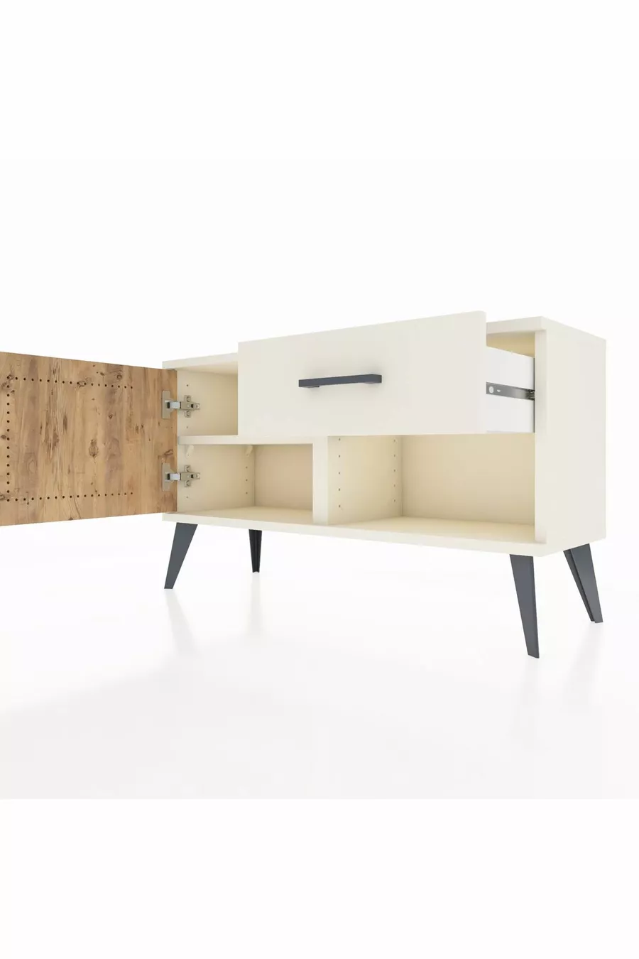 Commode Arges avec une étagère, un tiroir et une porte, coloris Pierre de Lune-Pin/Pierre de Lune