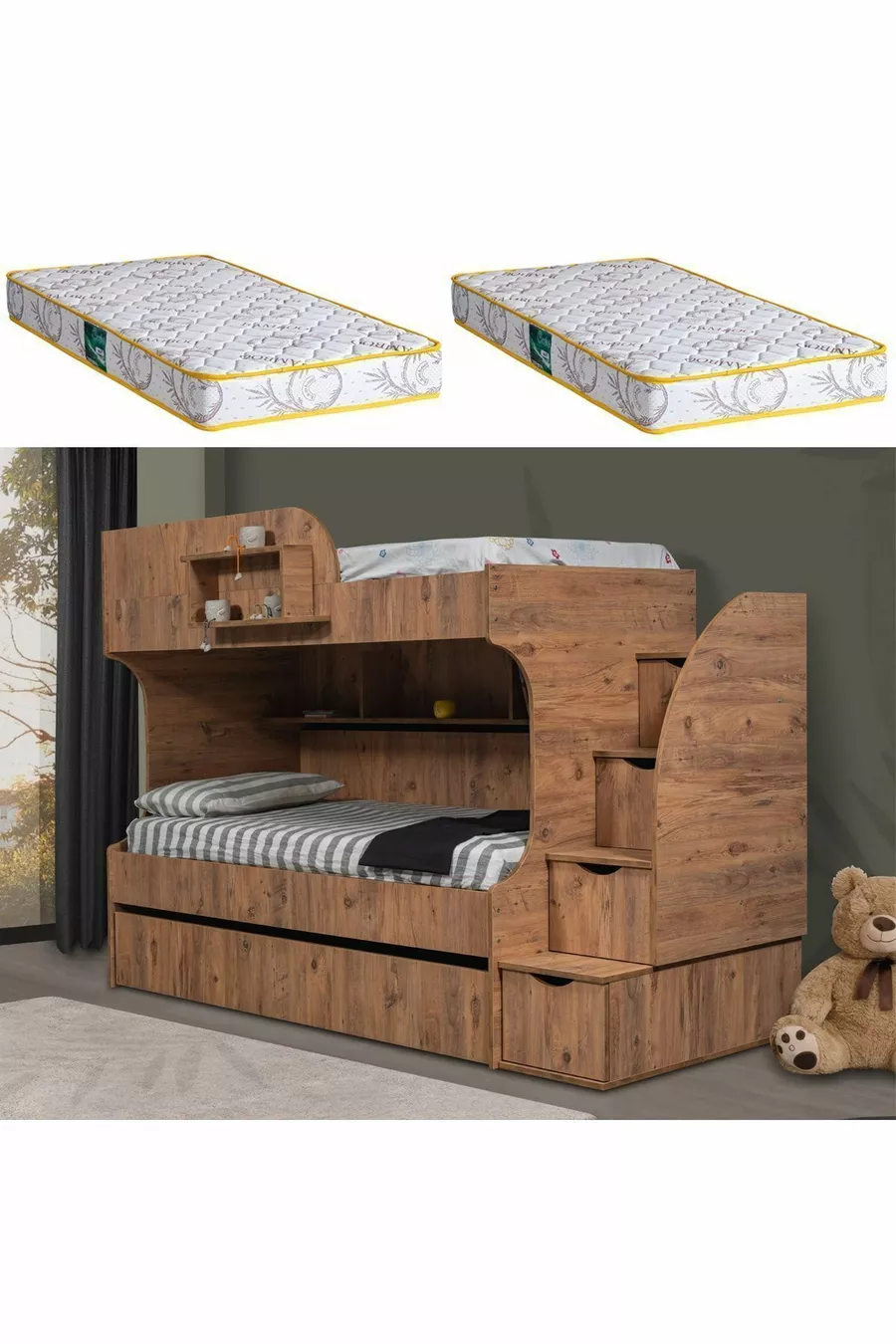 Lits superposés, Lit superposé Aura avec tiroirs - 2 matelas confort
